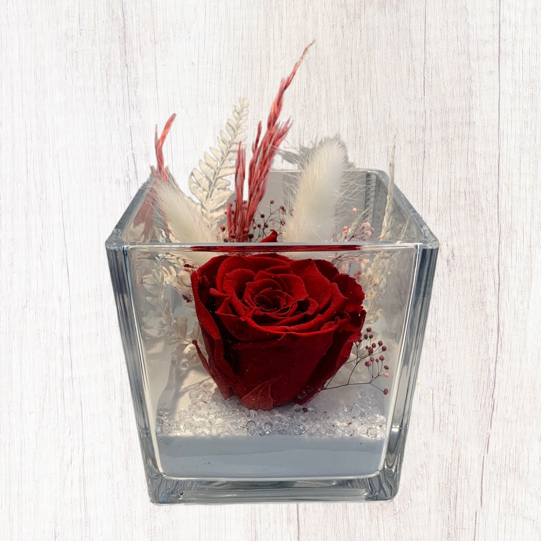 Preserved square vase arrangement-red