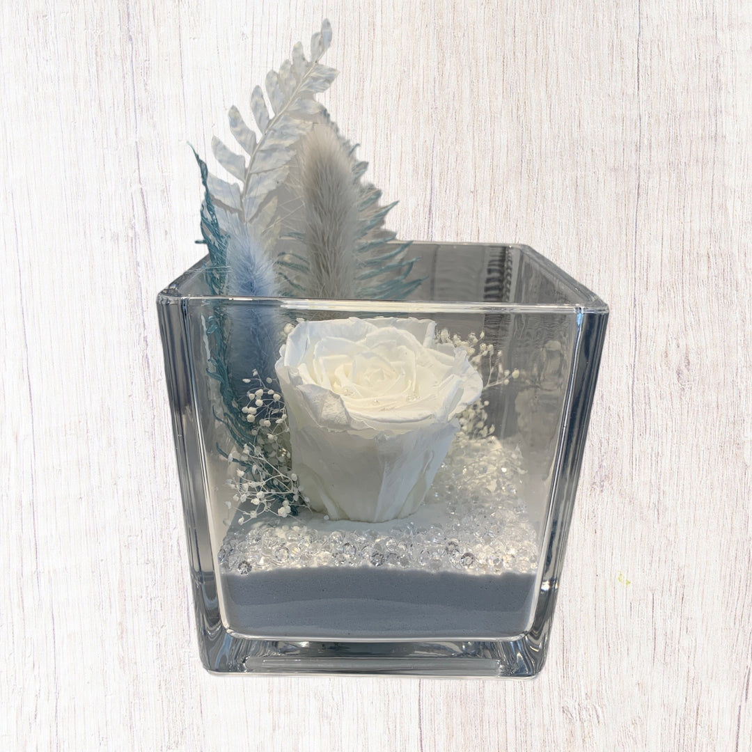Preserved square vase arrangement- white